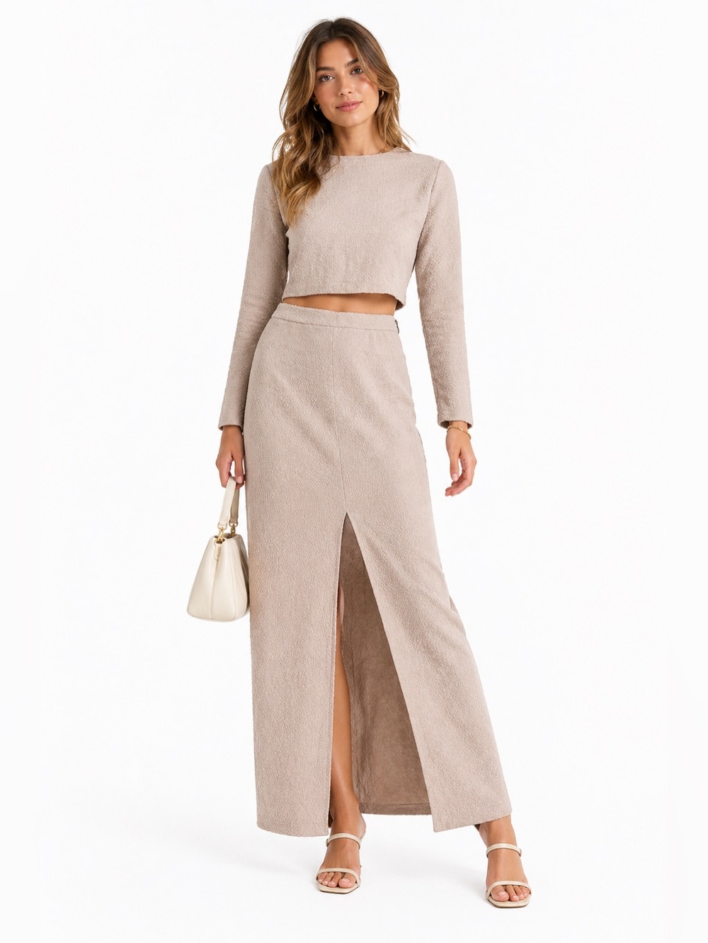 Alice + Olivia Neutral Beige Maxi Skirt with Front Slit